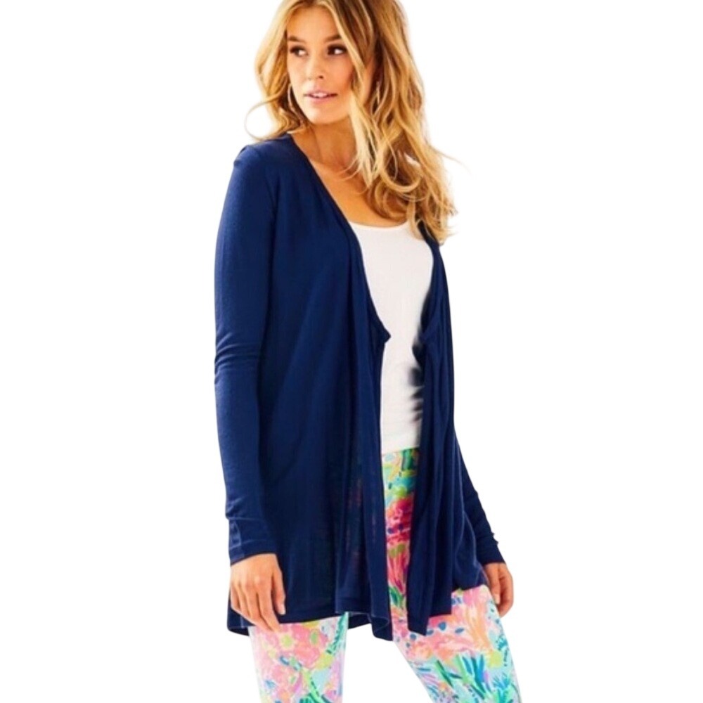 Lilly Pulitzer Navy Blue Viscose Open Front Draped‎ wrena Cardigan Sweater sz M